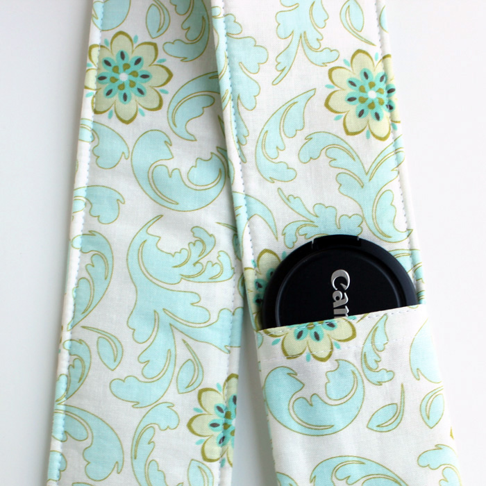 DSLR Camera Strap Cover - Padding and Lens Cap Pocket - Blue Cream Floral Damask