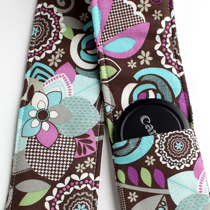 DSLR Camera Strap Cover - Padding and Lens Cap Pocket - Floral Brown Purple Blue