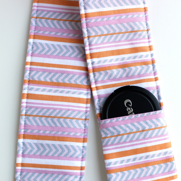 DSLR Camera Strap Cover - Padding and Lens Cap Pocket - Chevron Pink Orange Grey Stripe
