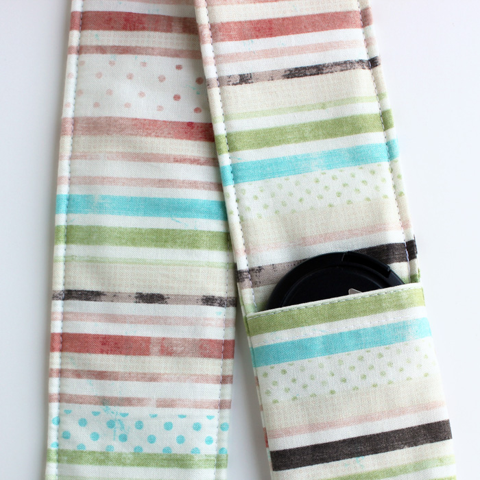 DSLR Camera Strap Cover - Padding and Lens Cap Pocket Included - Striped Polka Dots Faded