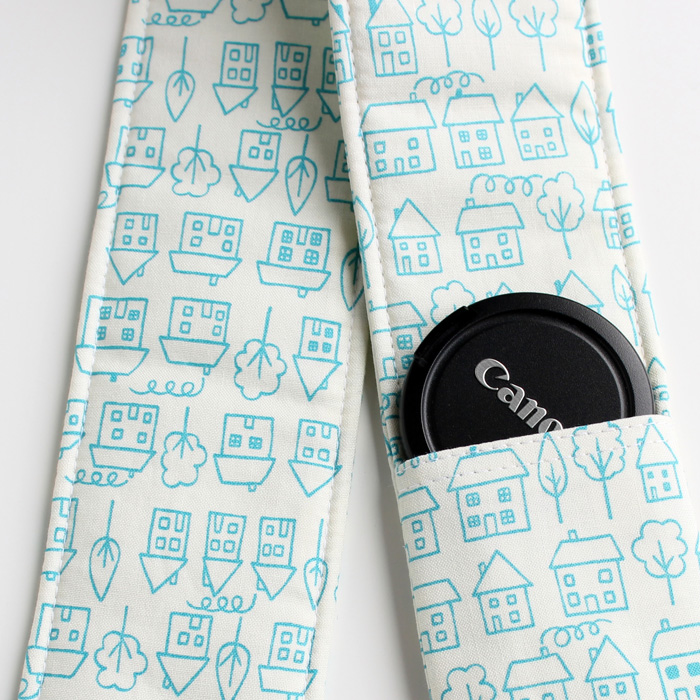 DSLR Camera Strap Cover - Padding and Lens Cap Pocket - Houses Blue Doodle
