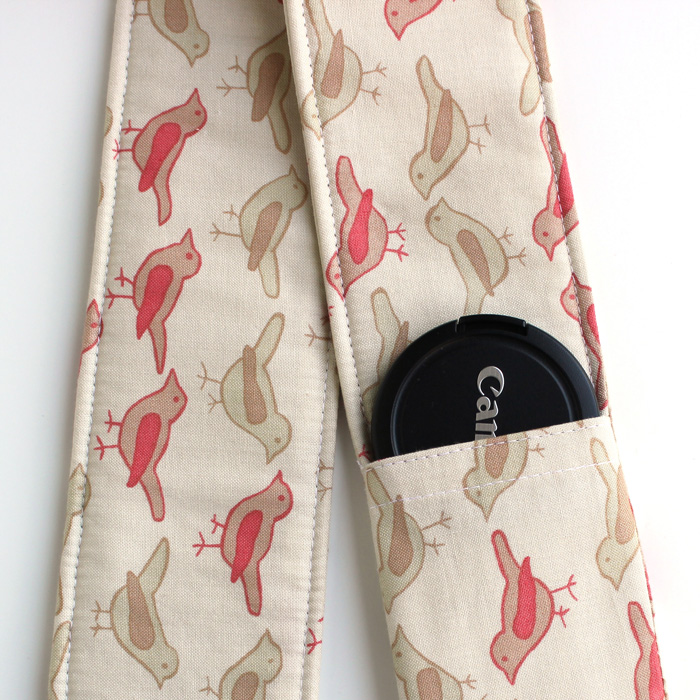 DSLR Camera Strap Cover - Padding and Lens Cap Pocket - Pink Cream Bird